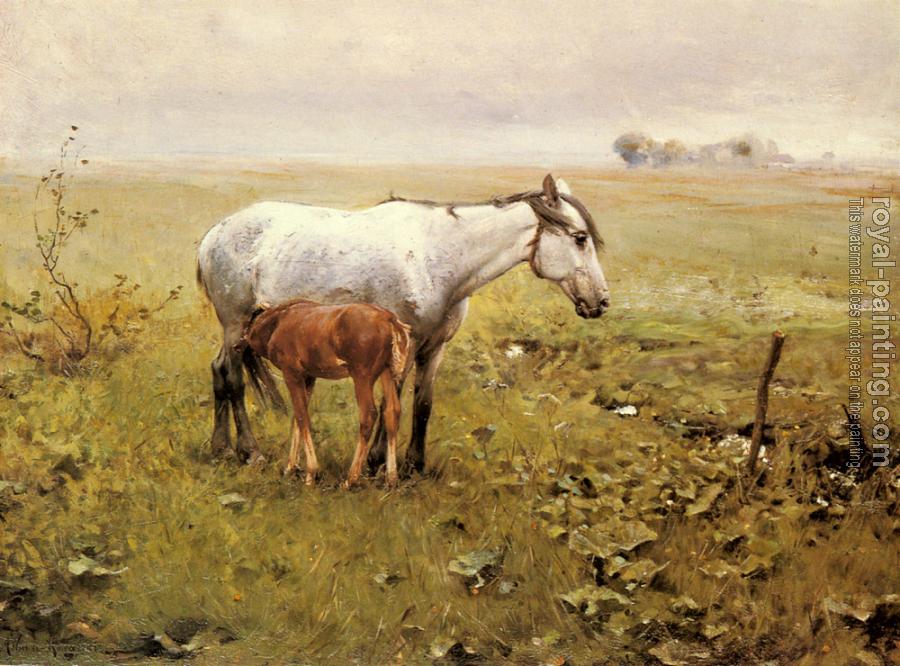 Alfred Von Wierusz-Kowalski : A Mare and her Foal in a Landscape